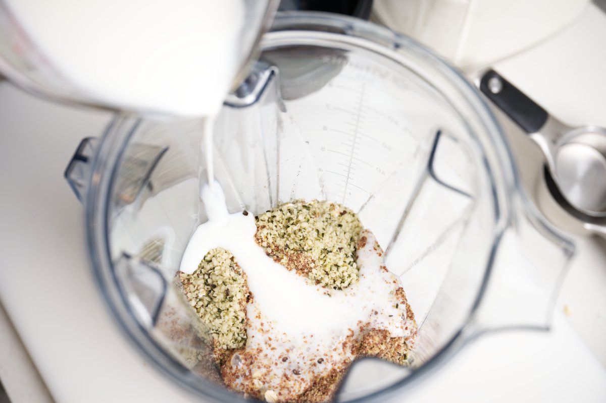 blending seeds for healthy breakfast muffins