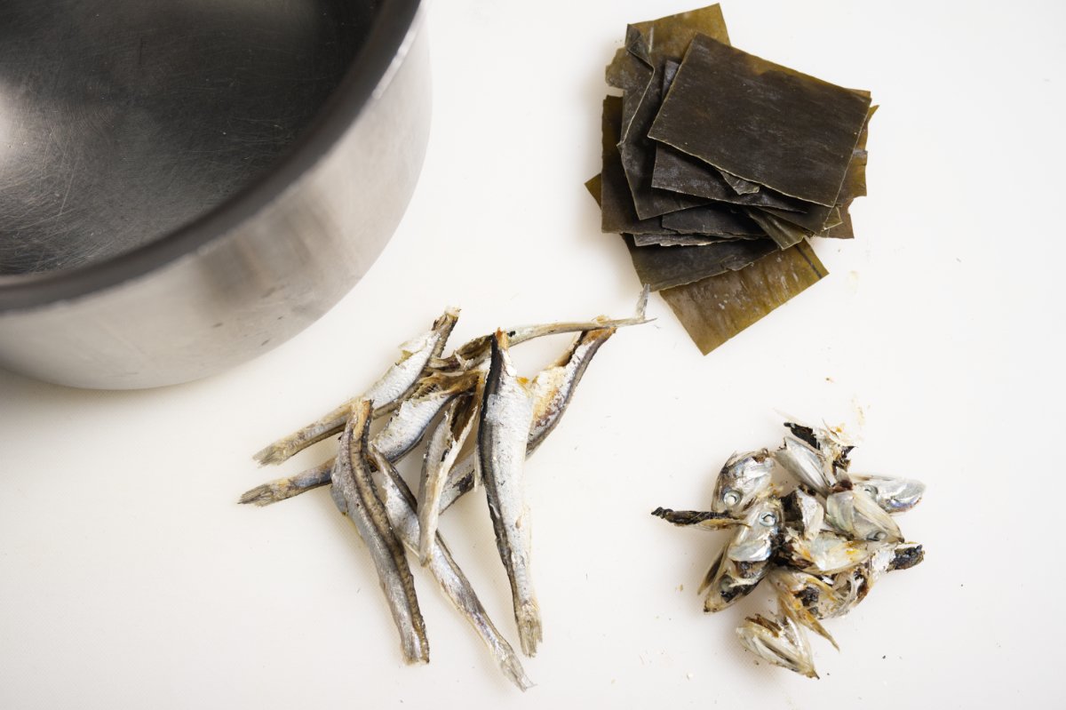 photo of the anchovies with heads removed for beef sundubu-jjigae