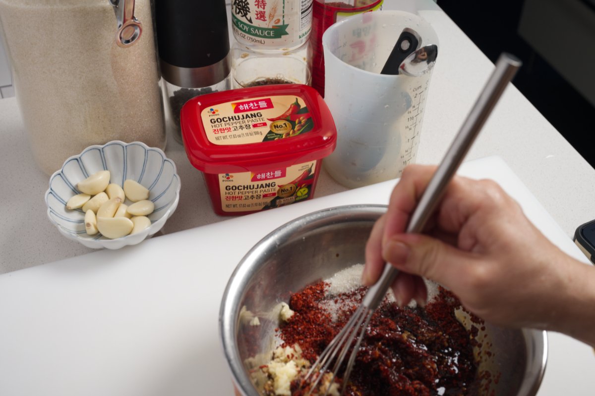 whisking marinade spicy Korean braised chicken
